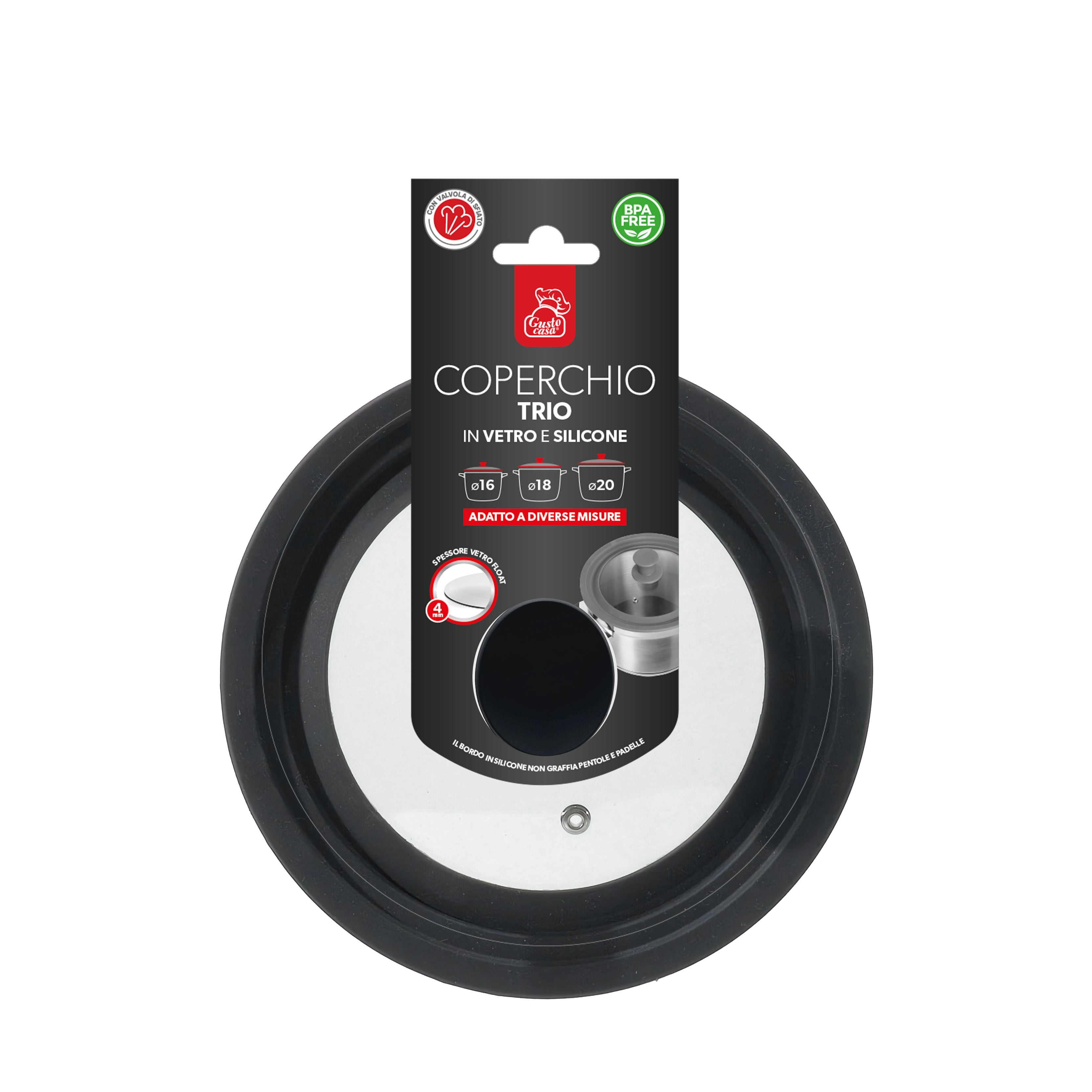 GUSTO CASA - Coperchio Universale Trio in Vetro e Silicone - Adatto a tre diverse misure: diametro 16/18/20 cm